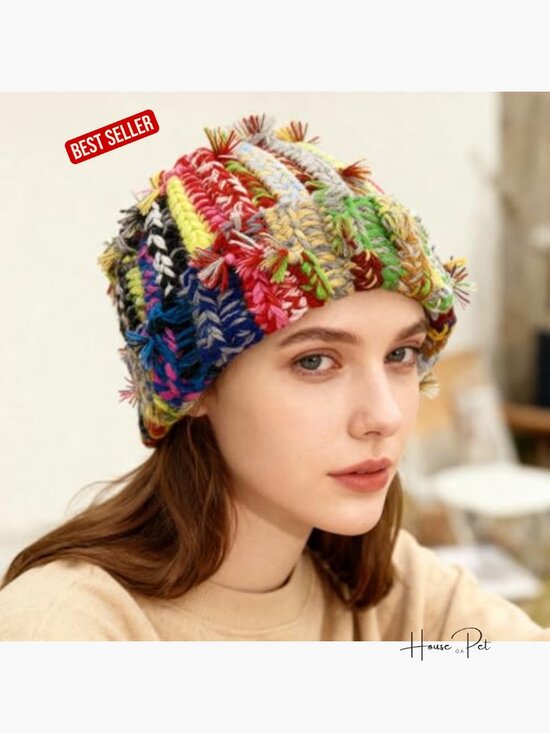 Chunky Crochet Beanie Casual Cuffed Winter Hat with Boho  display picture 2
